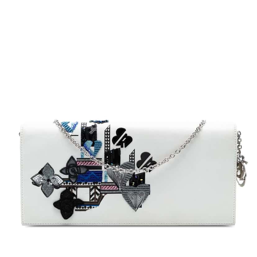 Dior Leather Patch Embellished Clutch on Chain White Leather Good condition - Front View