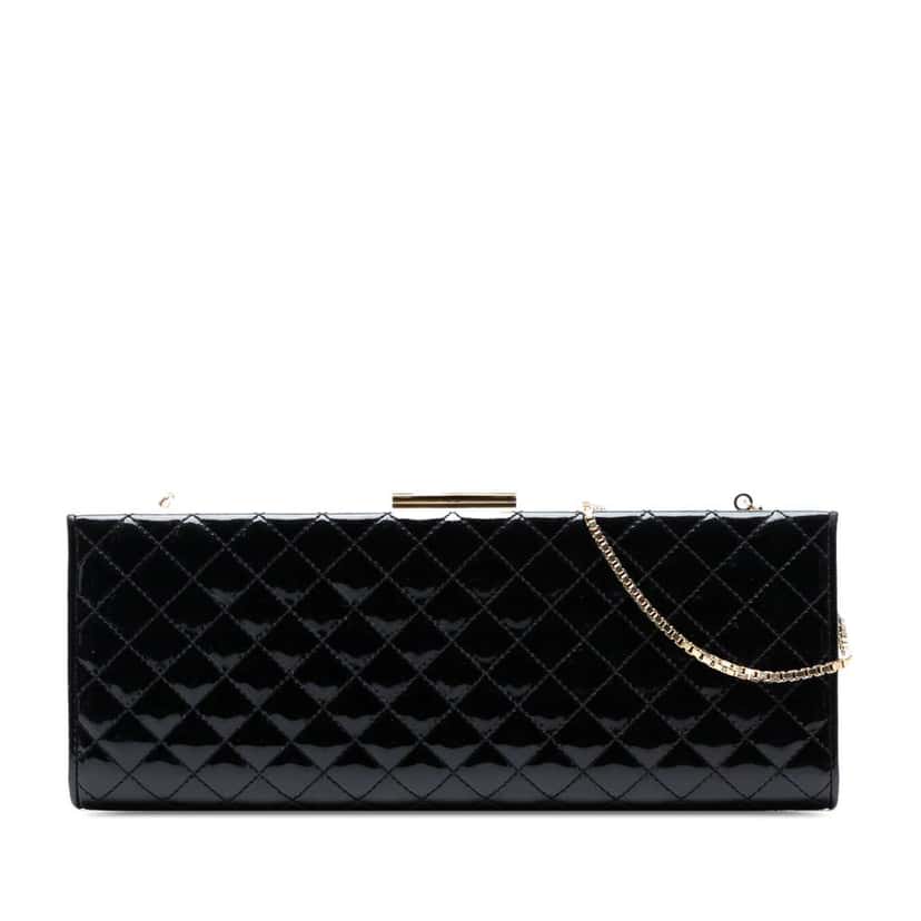 Salvatore Ferragamo Quilted Patent Clutch with Chain Black Leather Good condition - Front View