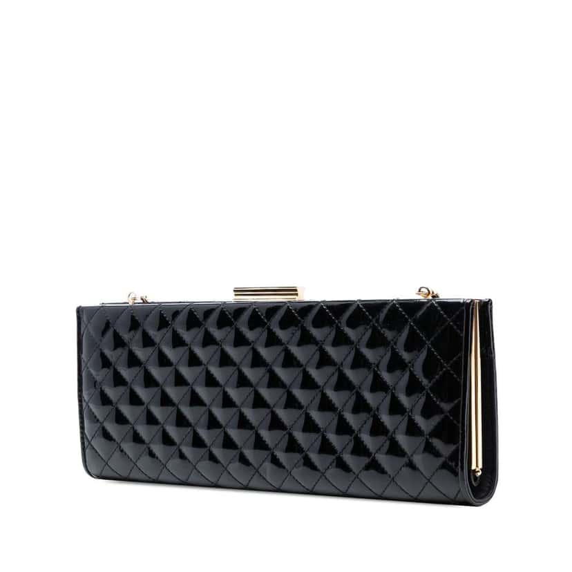 Salvatore Ferragamo Quilted Patent Clutch with Chain Black Leather Good condition - Back View