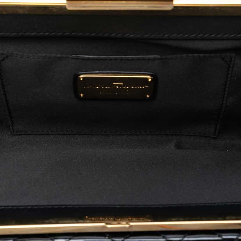 Salvatore Ferragamo Quilted Patent Clutch with Chain Black Leather Good condition - Model View