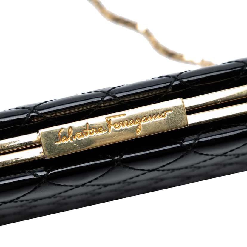 Salvatore Ferragamo Quilted Patent Clutch with Chain Black Leather Good condition - Box View