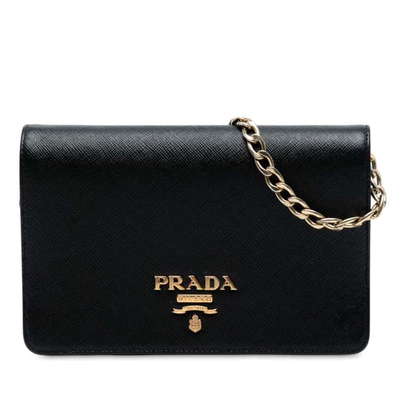 Prada Saffiano Wallet On Chain Black Leather Good condition - Front View