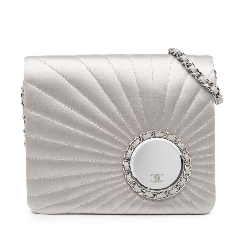 Chanel Satin Embellished Mirror Flap with Chain Silver Satin Good condition - Front View
