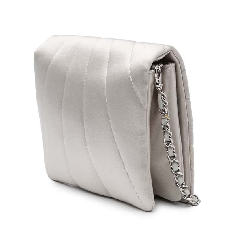 Chanel Satin Embellished Mirror Flap with Chain Silver Satin Good condition - Back View