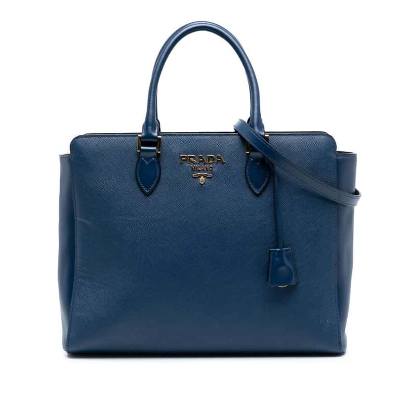 Prada Soft Calf Trimmed Saffiano Zippered Convertible Tote Blue Leather Good condition - Front View