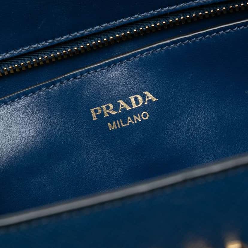 Prada Soft Calf Trimmed Saffiano Zippered Convertible Tote Blue Leather Good condition - Box View