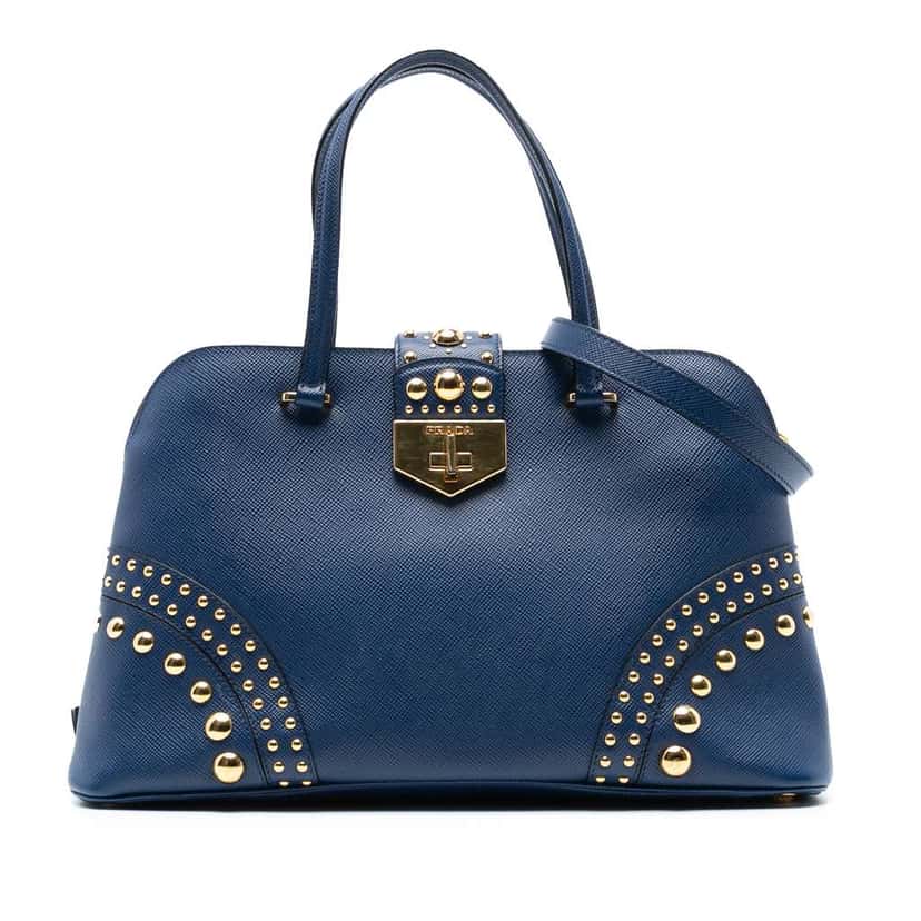 Prada Studded Saffiano Cuir Promenade Satchel Blue Leather Very good condition - Front View