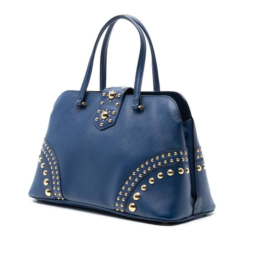 Prada Studded Saffiano Cuir Promenade Satchel Blue Leather Very good condition - Back View