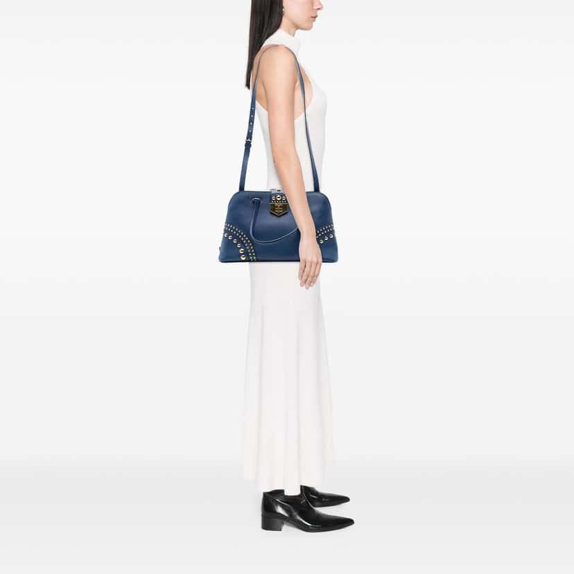 Prada Studded Saffiano Cuir Promenade Satchel Blue Leather Very good condition - Box View