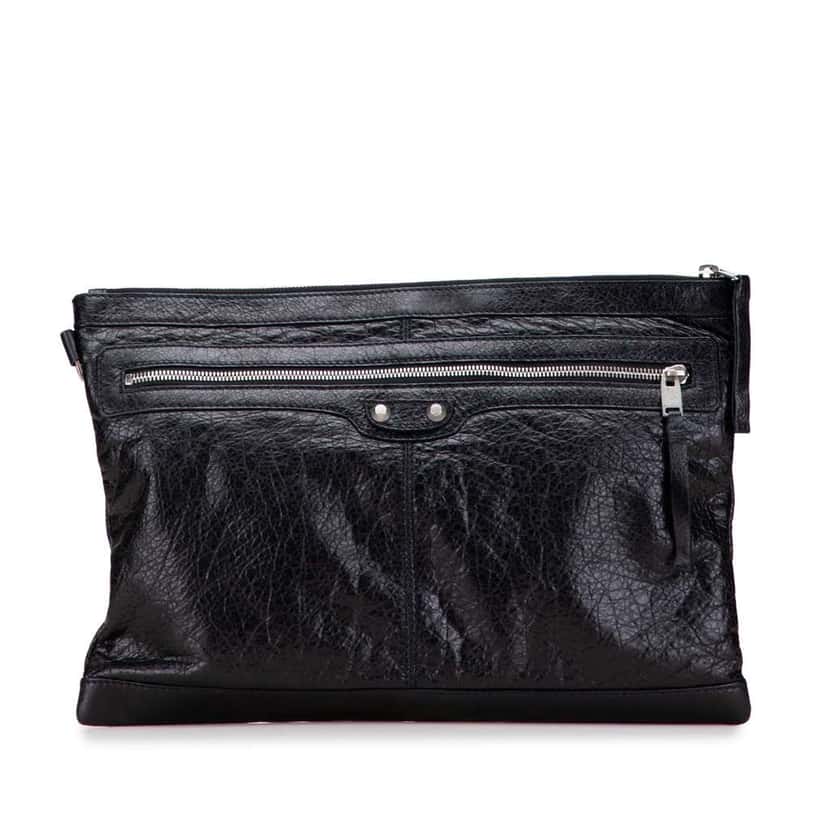 Balenciaga Lambskin Motocross Classic Clip L Clutch Black Leather Good condition - Front View