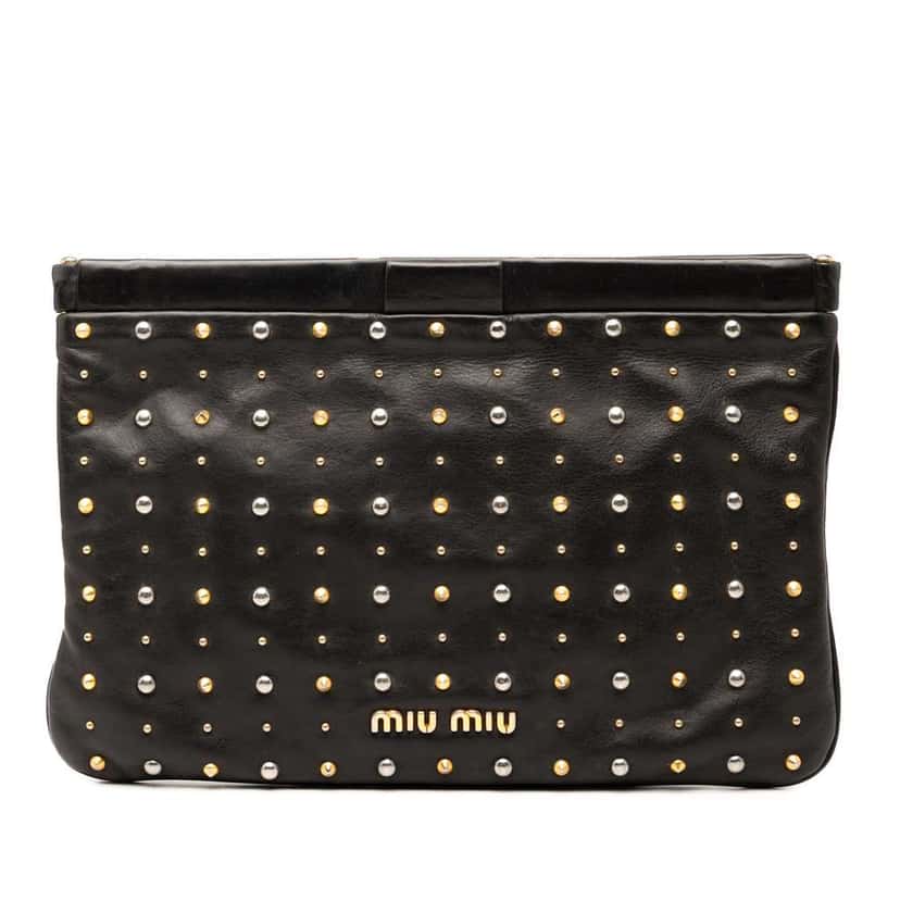 Miu Miu Studded Leather Frame Clutch Black Leather Good condition - Front View