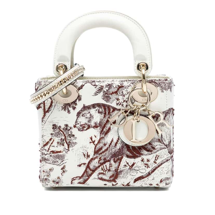 Dior Limited Edition Mini Calfskin Embroidered Toile de Jouy Lady Dior White Leather Good condition - Front View