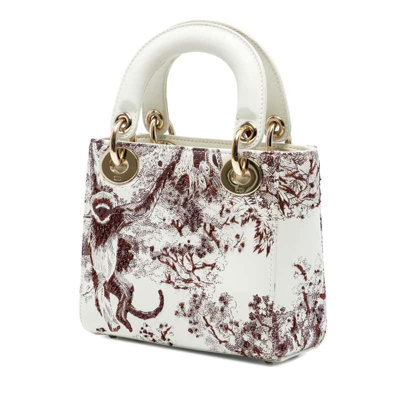 Dior Limited Edition Mini Calfskin Embroidered Toile de Jouy Lady Dior White Leather Good condition - Back View