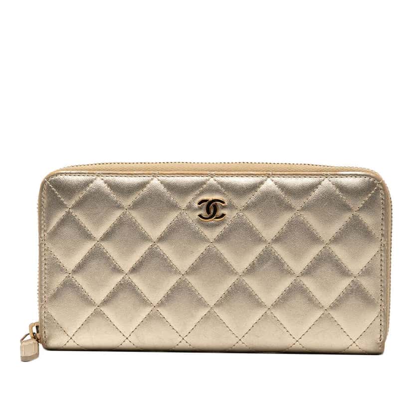 Chanel Quilted Metallic Lambskin Zip Around Long Wallet Gold Leather Good condition - Front View