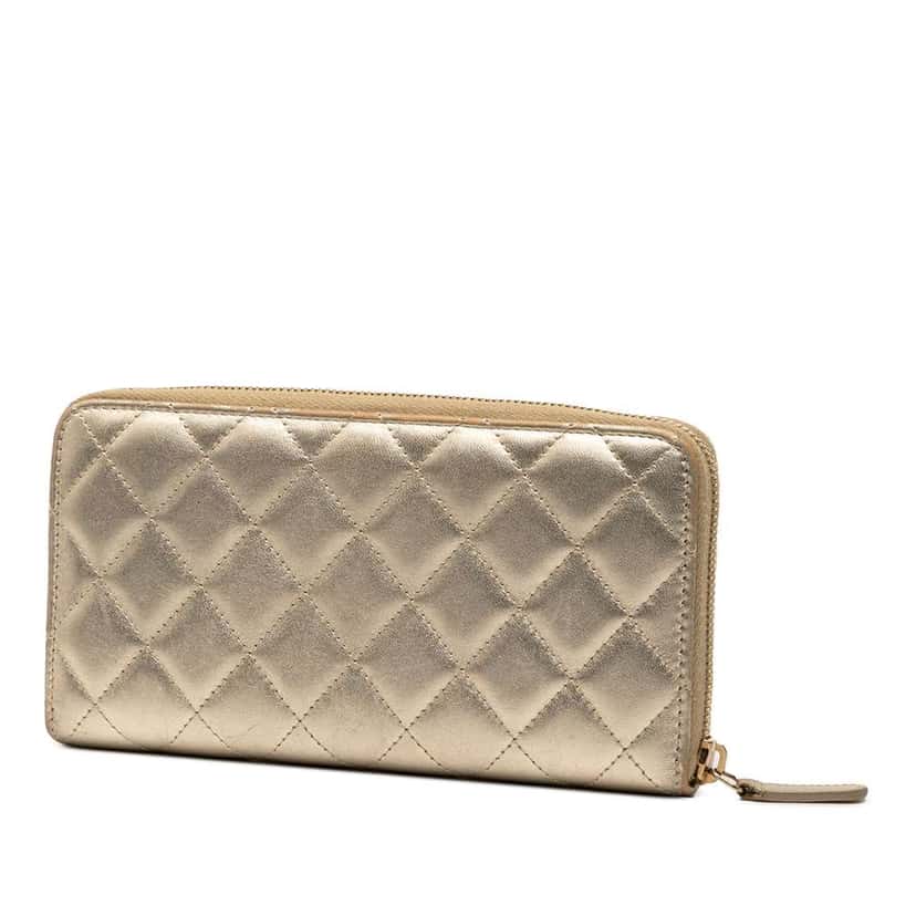Chanel Quilted Metallic Lambskin Zip Around Long Wallet Gold Leather Good condition - Back View