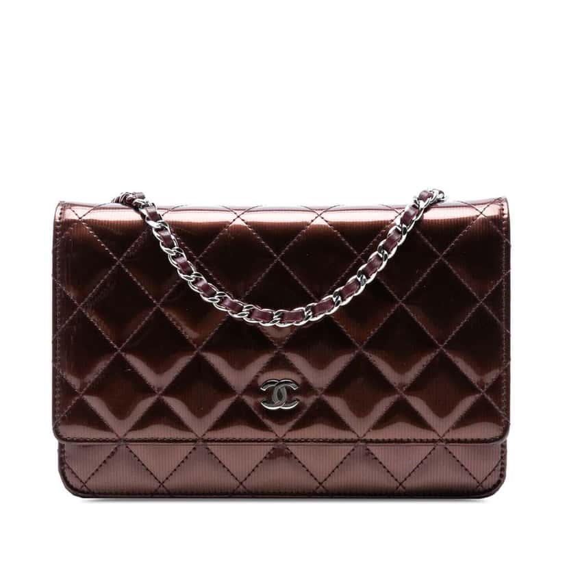 Chanel CC Quilted Metallic Patent Striped Wallet on Chain Red Leather Good condition - Front View