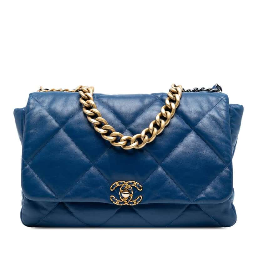Chanel Maxi Lambskin 19 Flap Blue Leather Very good condition - Front View
