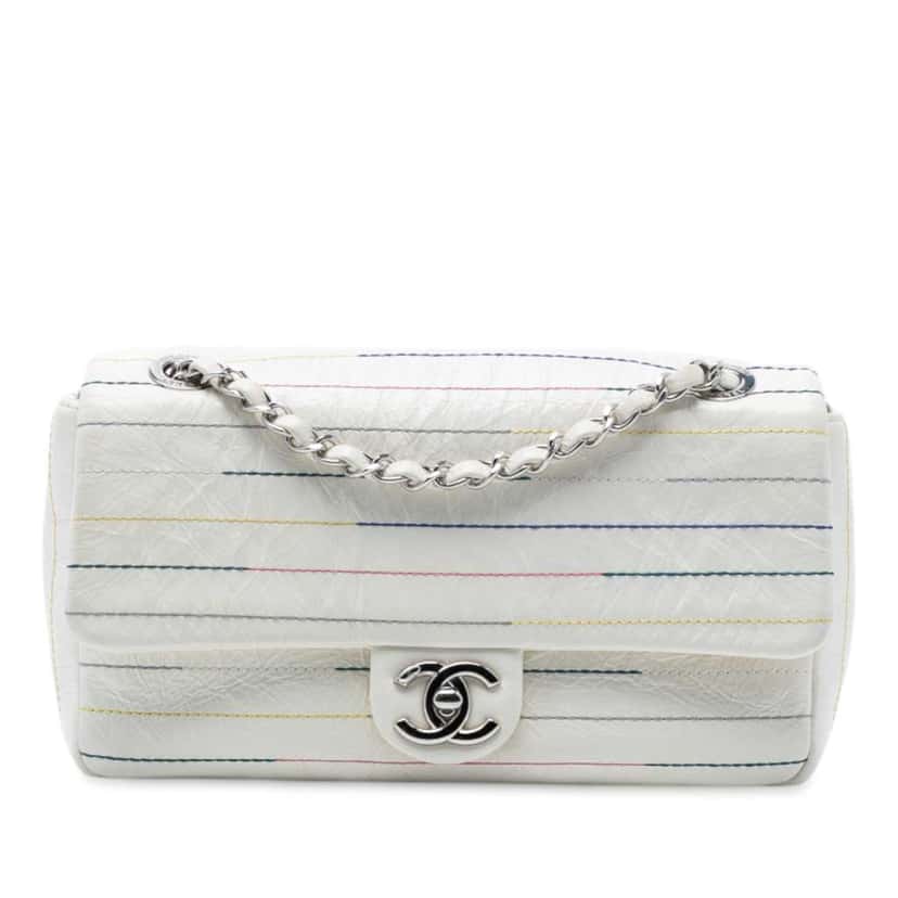 Chanel Distressed Calfskin Straight Line Stitch Flap White Leather Very good condition - Front View