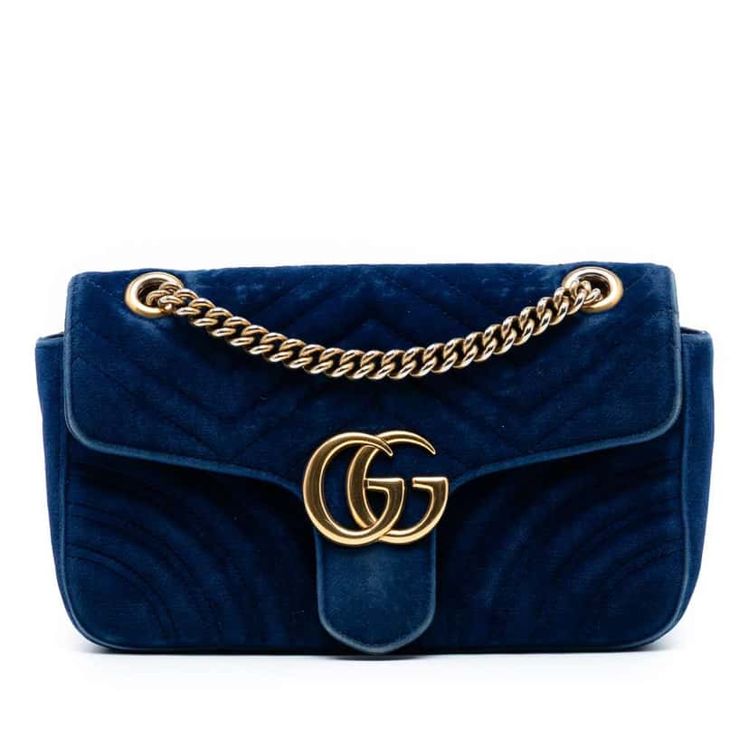 Gucci Medium GG Marmont Matelasse Velvet Shoulder Bag Blue Velvet Good condition - Front View