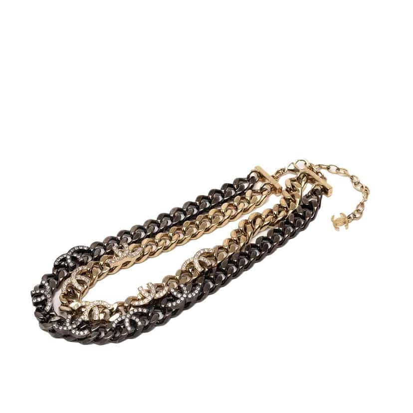 Chanel Gold Plated and Ruthenium Plated CC Crystal Split Double Chain Choker Necklace Gold Metal Good condition - Front View