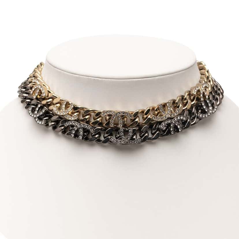 Chanel Gold Plated and Ruthenium Plated CC Crystal Split Double Chain Choker Necklace Gold Metal Good condition - Inside View
