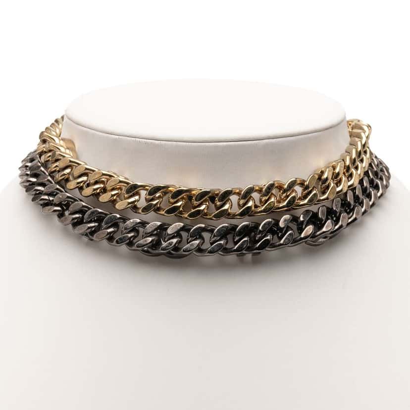 Chanel Gold Plated and Ruthenium Plated CC Crystal Split Double Chain Choker Necklace Gold Metal Good condition - Model View