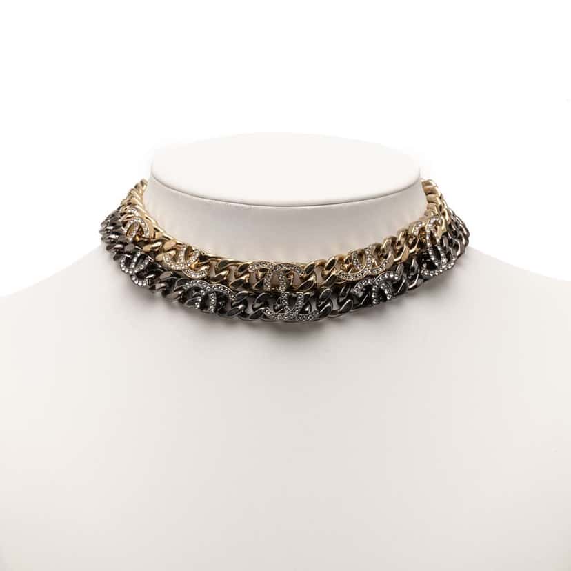 Chanel Gold Plated and Ruthenium Plated CC Crystal Split Double Chain Choker Necklace Gold Metal Good condition - Box View