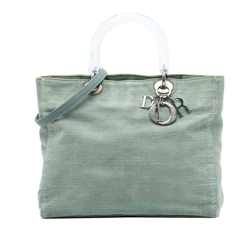 Dior Large Denim Cannage Acrylic Handles Lady Dior Blue Denim Good condition - Front View