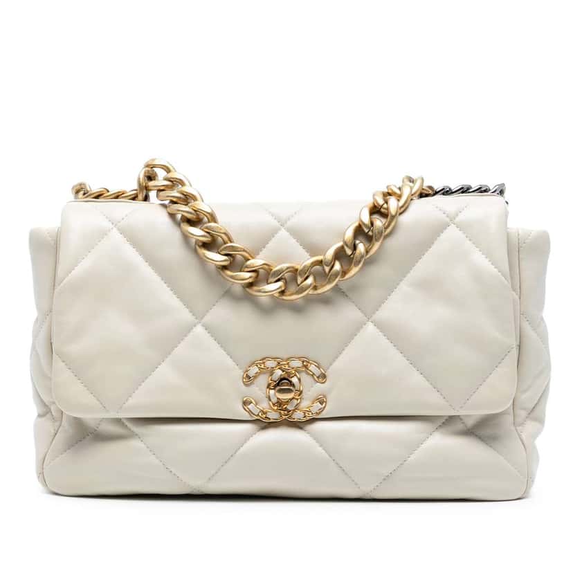 Chanel Large Lambskin 19 Flap White Leather Good condition - Front View