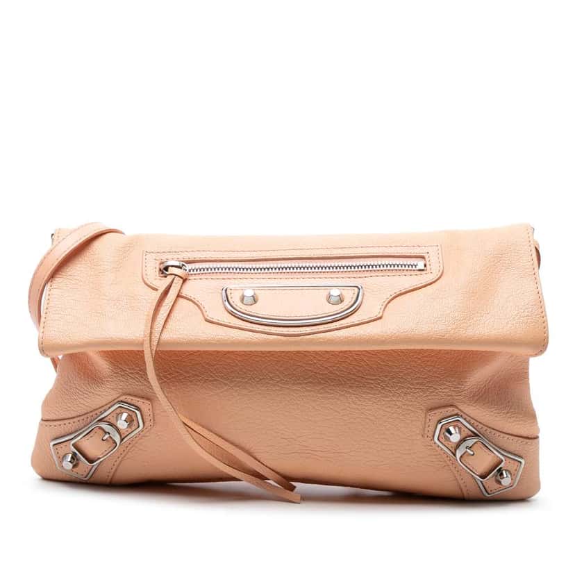 Balenciaga Chevre Motocross Classic Metallic Edge Envelope Clutch with Strap Pink Leather Good condition - Front View