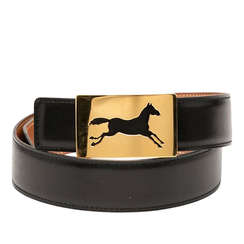 Hermès Box Calf Horse Buckle Belt Black Leather Good condition - Front View