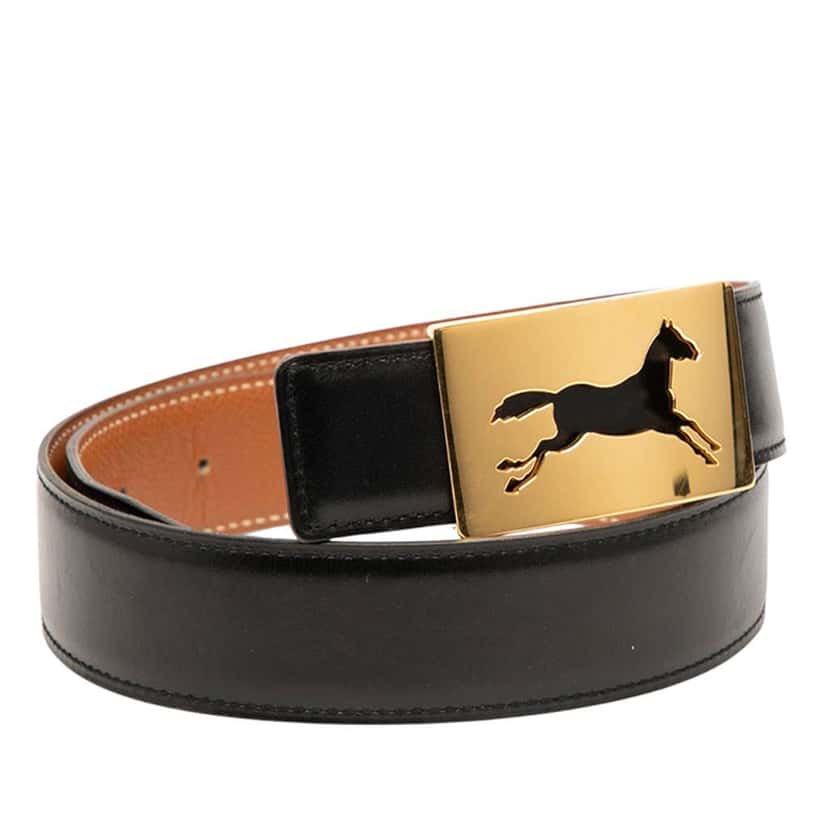Hermès Box Calf Horse Buckle Belt Black Leather Good condition - Inside View