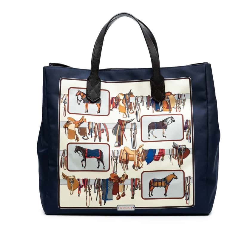 Gucci Nylon Horse Frame Print Tote Blue Good condition - Front View