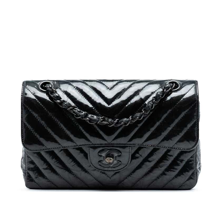 Chanel Small Classic Chevron Patent So Black Double Flap Black Leather Good condition - Front View