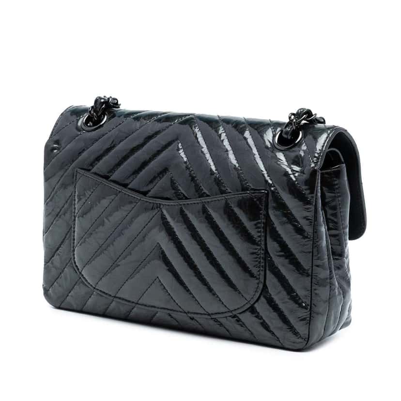 Chanel Small Classic Chevron Patent So Black Double Flap Black Leather Good condition - Back View