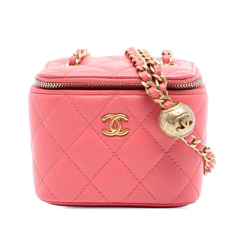 Chanel Mini Quilted Lambskin Pearl Crush Vanity Case With Chain Pink Leather Good condition - Front View