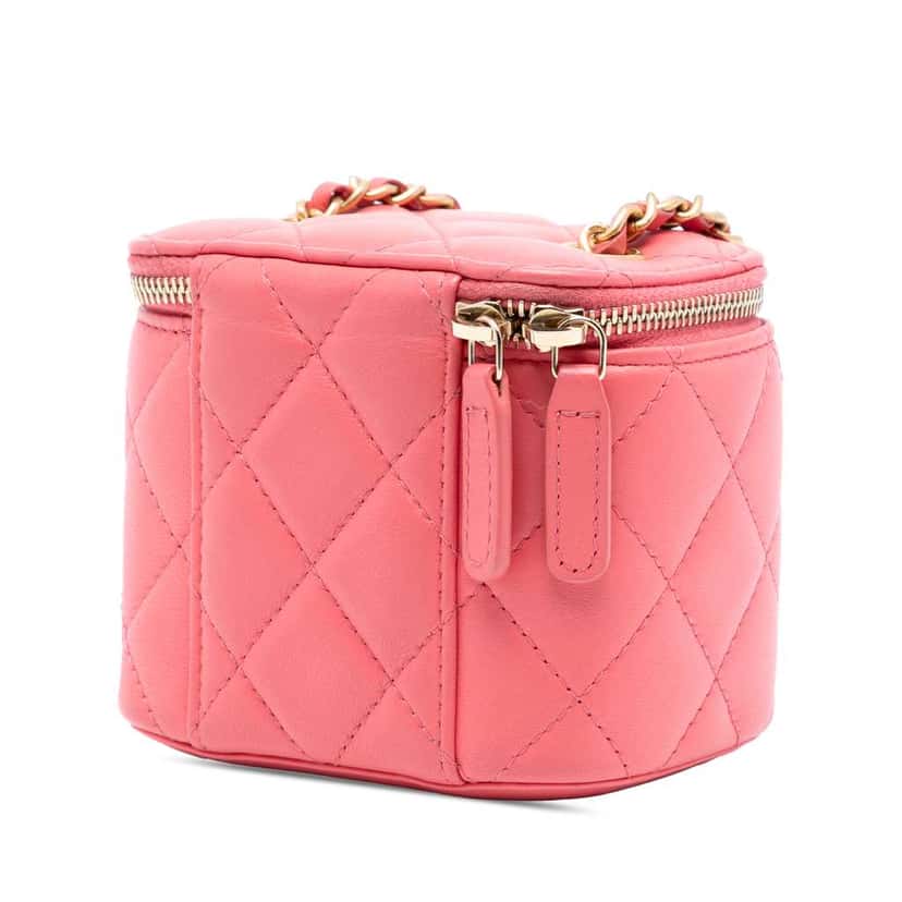 Chanel Mini Quilted Lambskin Pearl Crush Vanity Case With Chain Pink Leather Good condition - Back View