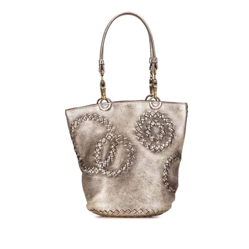 Bottega Veneta Small Metallic Intrecciato Trimmed Cervo Bucket Bag Gold Leather Good condition - Front View