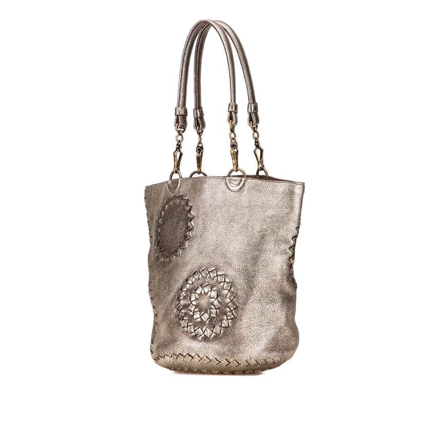 Bottega Veneta Small Metallic Intrecciato Trimmed Cervo Bucket Bag Gold Leather Good condition - Back View