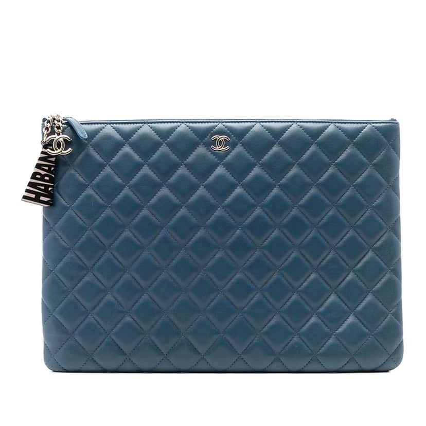 Chanel Large Quilted Lambskin La Habana O Case Clutch Blue Leather Good condition - Front View