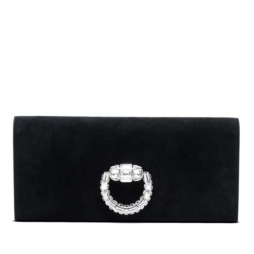 Gucci Suede Broadway Crystal Clutch Black Leather Good condition - Front View