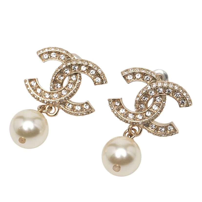 Chanel Gold Plated CC Rhinestones Pearl Drop Bullet Back Earrings Gold Metal Good condition - Front View