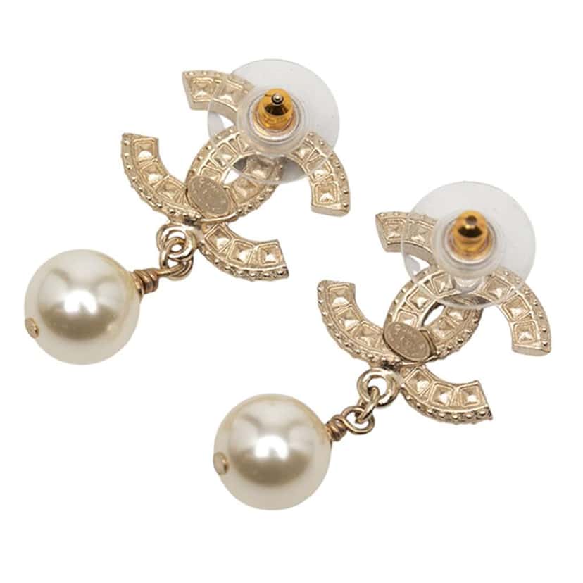 Chanel Gold Plated CC Rhinestones Pearl Drop Bullet Back Earrings Gold Metal Good condition - Back View