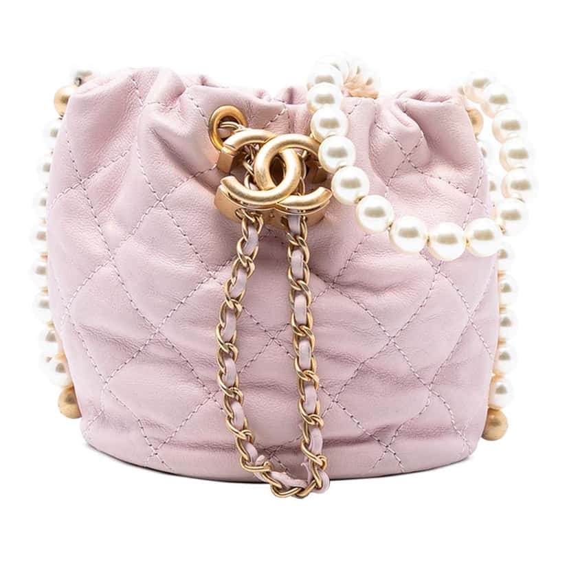 Chanel Mini Quilted Calfskin About Pearls Drawstring Bucket Bag Pink Leather Good condition - Front View