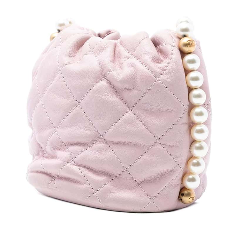 Chanel Mini Quilted Calfskin About Pearls Drawstring Bucket Bag Pink Leather Good condition - Back View