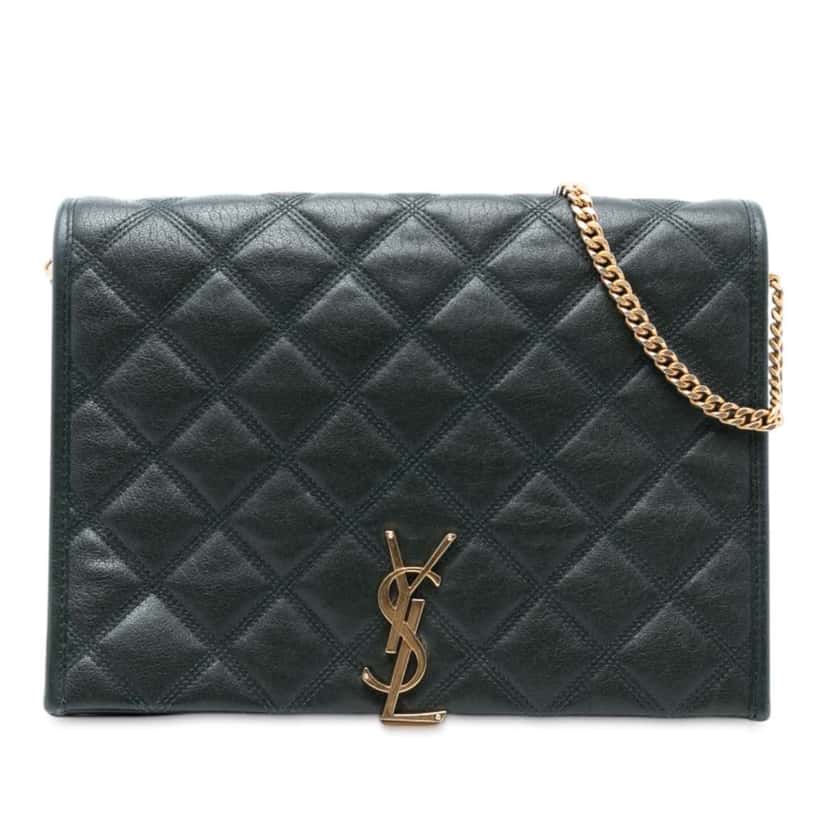 Saint Laurent Small Quilted Lambskin Becky Chain Shoulder Bag Green Leather Good condition - Front View