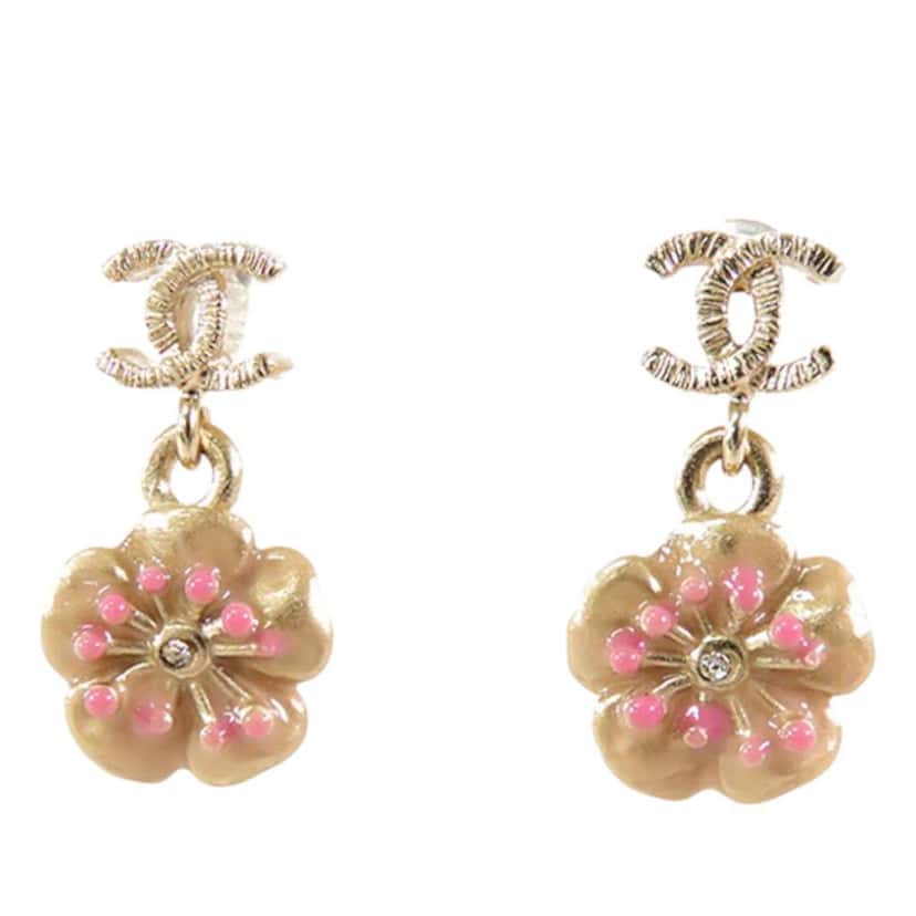 Chanel Gold Plated Enamel and Rhinestone CC Flower Drop Push Back Earrings Gold Metal Good condition - Front View