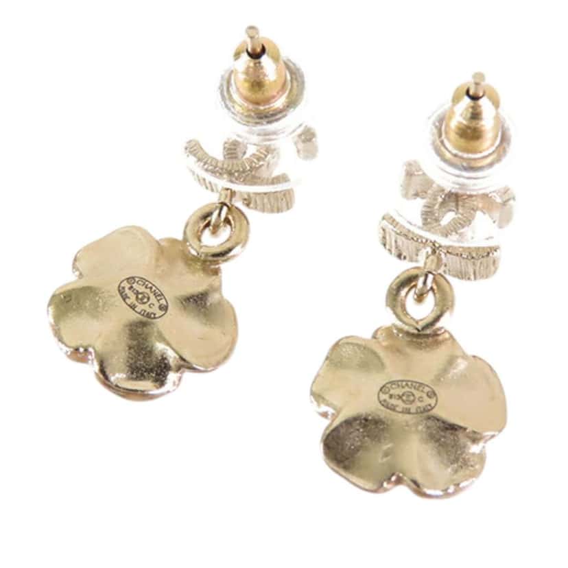 Chanel Gold Plated Enamel and Rhinestone CC Flower Drop Push Back Earrings Gold Metal Good condition - Back View