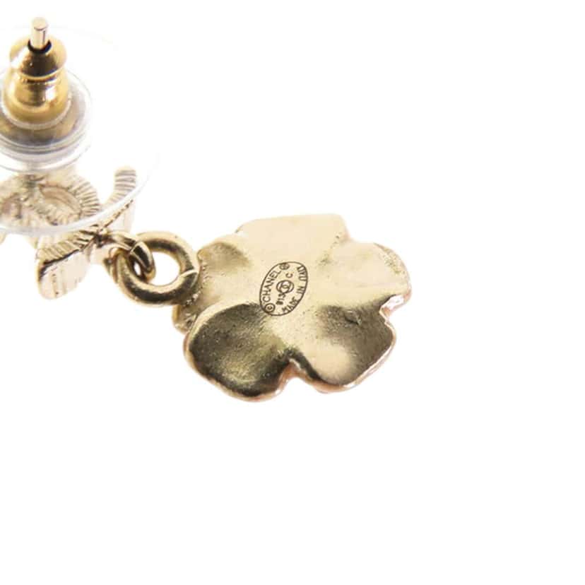 Chanel Gold Plated Enamel and Rhinestone CC Flower Drop Push Back Earrings Gold Metal Good condition - Model View