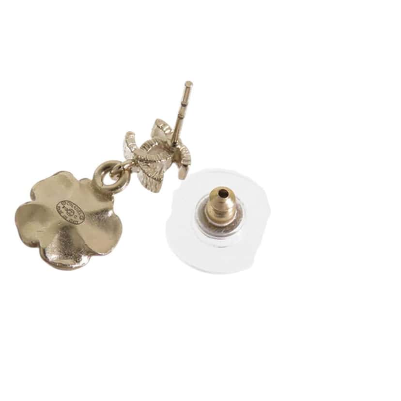 Chanel Gold Plated Enamel and Rhinestone CC Flower Drop Push Back Earrings Gold Metal Good condition - Box View